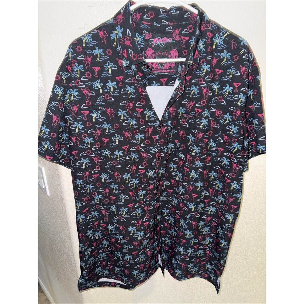 Retro Rifle Shirt Mens XL Black Pink Tropical Palm Girl Martini Button Real Nice